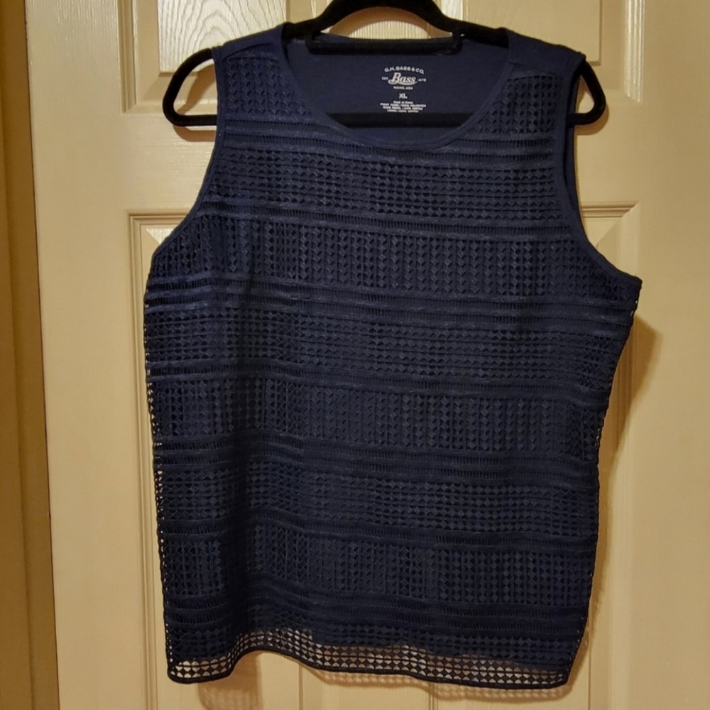 🌻G.H. & Co. Bass Navy Blue Sleeveless Blouse with Overlay - Size XL - NWT